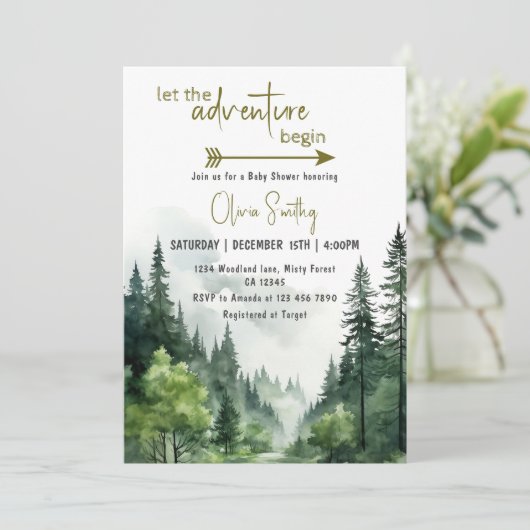 Adventure Begin Forest Rustic Mountain Baby Dusche Einladung (Stehend Vorderseite)