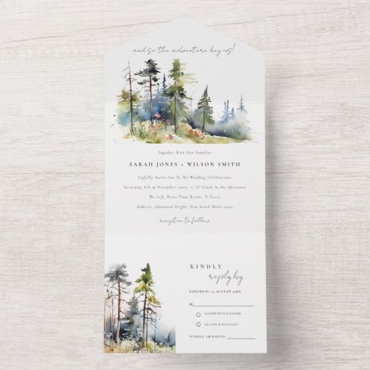 Adventure Begin Pine Forest Landschaft Hochzeit All In One Einladung (Innen Boden)