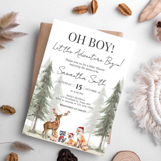 Adventure Begin Winter Woodland Baby Shower Einladung