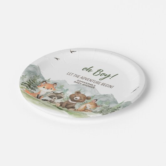 Adventure Begin Woodland Animals Baby Shower Pappteller (Schrägansicht)