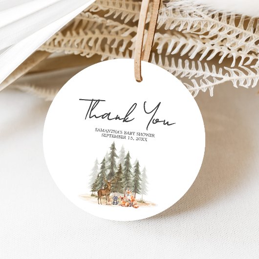 Adventure Begin Woodland Animals Baby Shower Round Geschenkanhänger