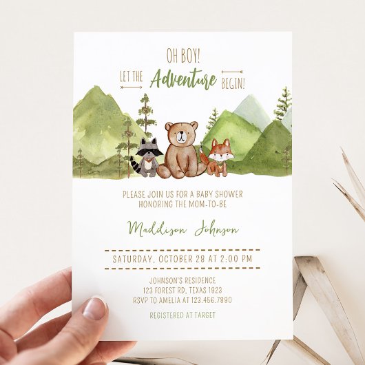 Adventure Begin Woodland Babydusche Einladung