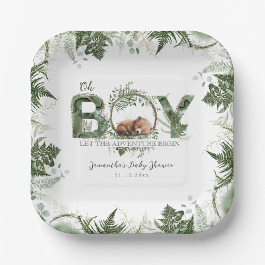 Adventure Begin Woodland Bear Baby Boy Dusche Pappteller (Vorderseite)