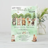Adventure Begin Woodland GenderNeutral Baby Shower Einladung (Stehend Vorderseite)