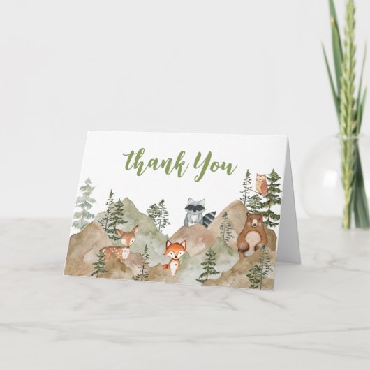 Adventure Begin Woodland Mountain Baby Dusche Dankeskarte (Vorderseite)