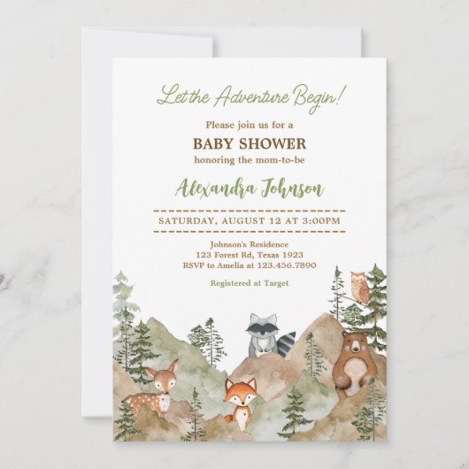 Adventure Begin Woodland Mountain Baby Dusche Einladung (Vorderseite)