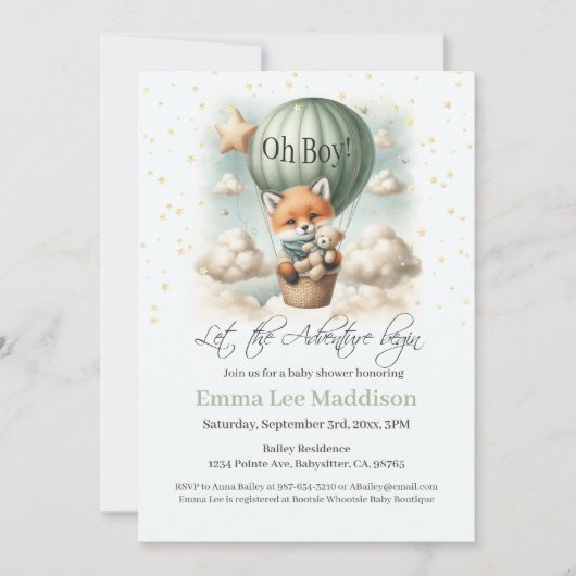 Adventure beginnt Oh Boy Fox in Hot Air Ballon Einladung (Vorderseite)