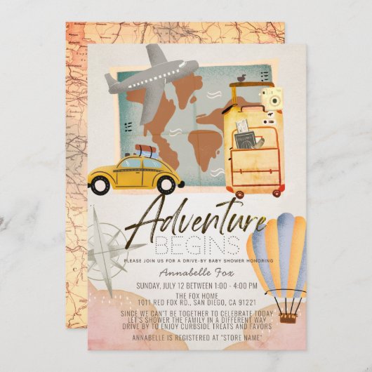Adventure beginnt Travel Pink Drive-by Baby Shower Einladung (Vorne/Hinten)