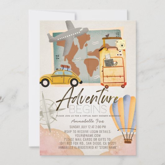 Adventure beginnt Travel Pink Virtual Baby Shower Einladung (Vorderseite)