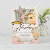 Adventure beginnt Travel Pink Virtual Baby Shower Einladung (Stehend Vorderseite)