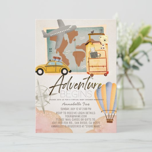 Adventure beginnt Travel Pink Virtual Baby Shower Einladung (Stehend Vorderseite)