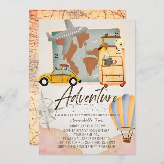 Adventure beginnt Travel Pink Virtual Baby Shower Einladung (Vorne/Hinten)