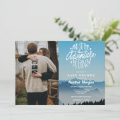 Adventure Begins Baby Shower Foto Einladung (Stehend Vorderseite)