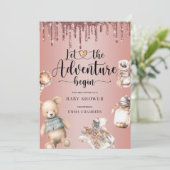 Adventure Begins Baby Shower Rose Gold Glitzer Einladung (Stehend Vorderseite)
