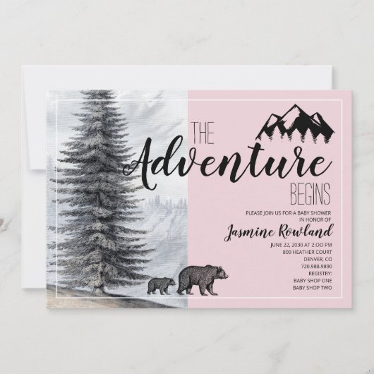 Adventure Begins Bear Pink Baby Girl Dusche Einladung (Vorderseite)