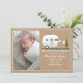 Adventure Begins Blue Camper Baby Birth Ankündigung (Stehend Vorderseite)