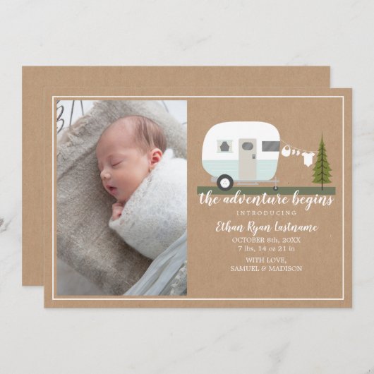 Adventure Begins Blue Camper Baby Birth Ankündigung (Vorne/Hinten)