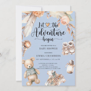 Adventure Begins Boho Baby Boy Shower Blue Einladung