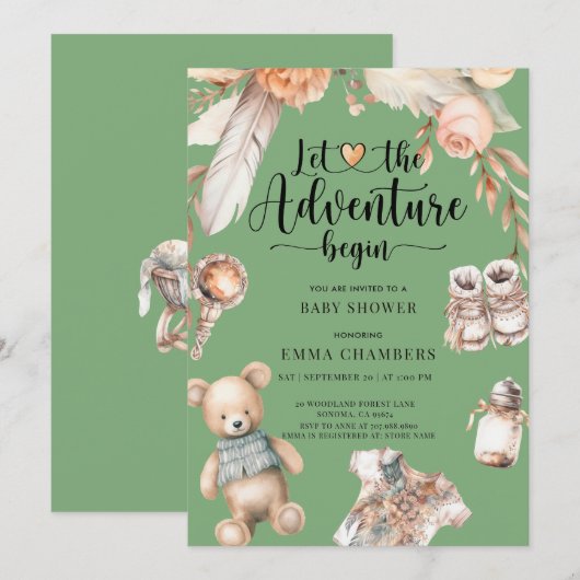 Adventure Begins Boho Baby Dusche Grün Einladung (Vorne/Hinten)