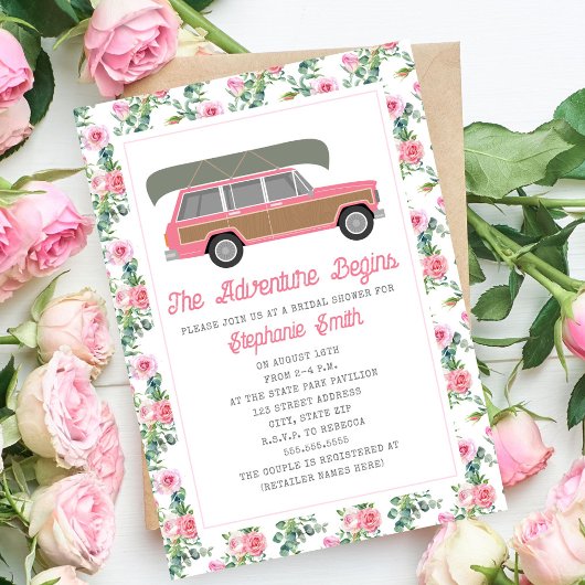 Adventure Begins Canoe Pink Car Bridal Einladung