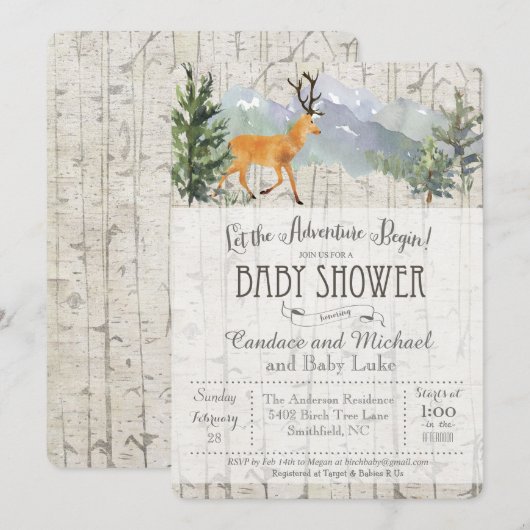 Adventure Begins Deer Birch Baby Shower Einladung (Vorne/Hinten)