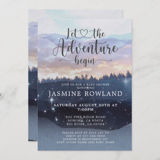 Adventure Begins Forest Mountains Einladung (Vorne/Hinten)