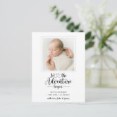 Adventure Begins Foto Birth Ankündigungspostkarte (Stehend Vorderseite)