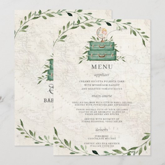 Adventure Begins Luggage Green Map Wedding Menu Programm (Vorne/Hinten)