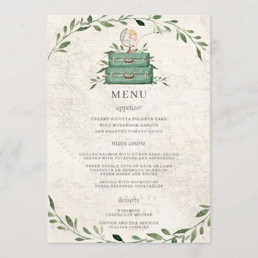 Adventure Begins Luggage Green Map Wedding Menu Programm (Vorderseite)