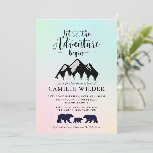 Adventure Begins Mountains Bears Baby Shower Invi Einladung (Stehend Vorderseite)