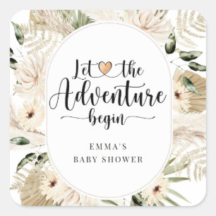 Adventure Begins Pampas Grass Boho Baby Shower Quadratischer Aufkleber