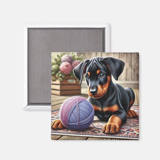 Adventure Black and Tan Puppy mit Garnball Magnet (Vorderseite/Rückseite)