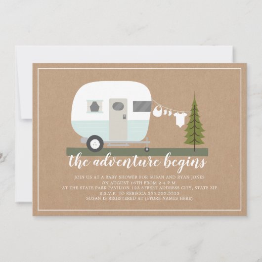 Adventure Blue Trailer Camper Woodland Babydusche Einladung (Vorderseite)
