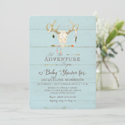 Adventure Boy Baby Shower Teepee Wood Arrows Deer Einladung (Stehend Vorderseite)
