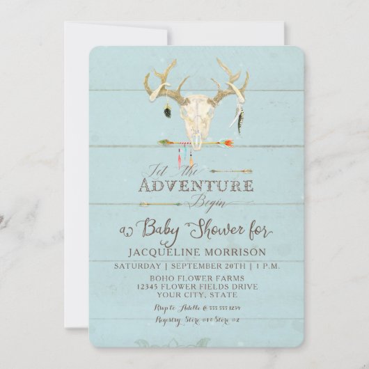 Adventure Boy Baby Shower Teepee Wood Arrows Deer Einladung (Vorderseite)