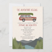 Adventure Canoe Wood Wagon Mountain Polterabend Einladung (Vorderseite)