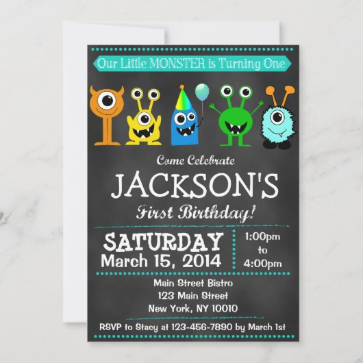 Adventure Chalkboard Monster Bash Erster Geburtsta Einladung (Vorderseite)
