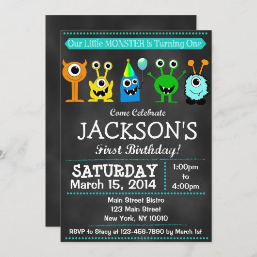 Adventure Chalkboard Monster Bash Erster Geburtsta Einladung (Vorne/Hinten)