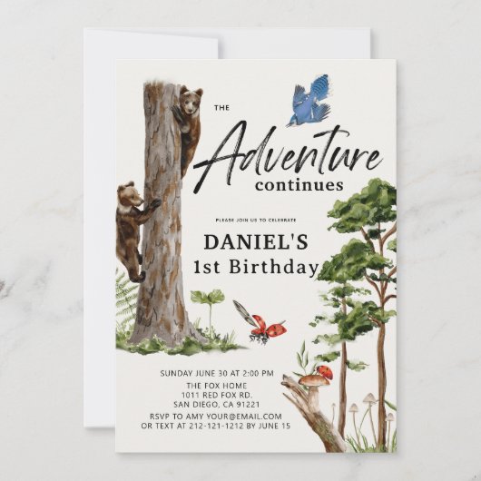 Adventure Continues Bear Forest 1st Birthday Einladung (Vorderseite)