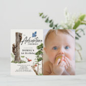 Adventure Continues Bear Forest 1st Birthday Photo Einladung (Stehend Vorderseite)