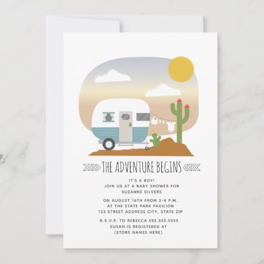 Adventure Desert Camper Blue Boy Baby Dusche Einladung (Vorderseite)