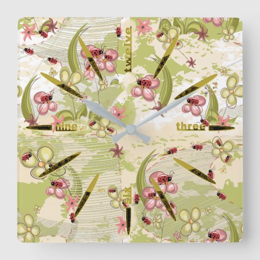 Adventure Ditsy Ladybirds Quadratische Wanduhr (Vorderseite)