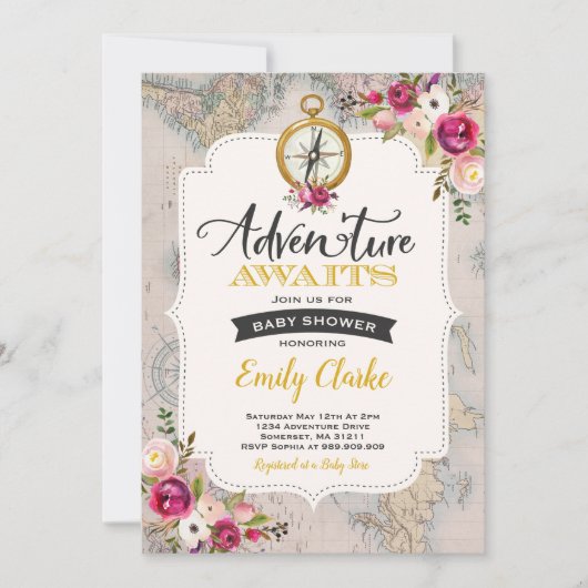 Adventure erwartet Baby Shower Einladung Karte Dus (Vorderseite)