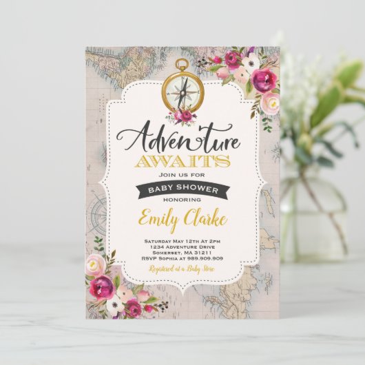 Adventure erwartet Baby Shower Einladung Karte Dus (Stehend Vorderseite)