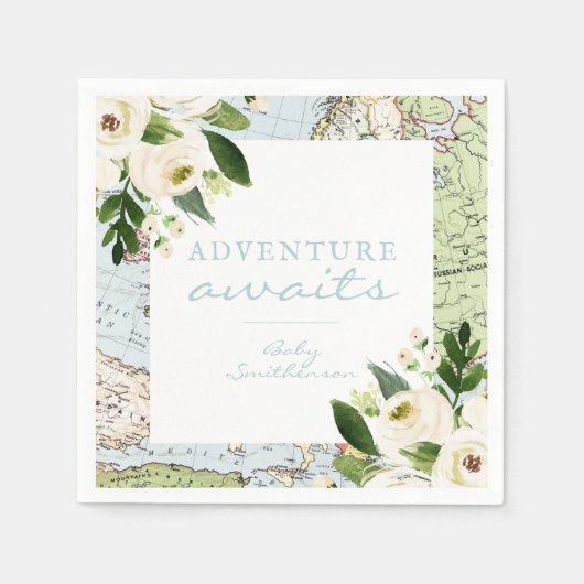Adventure erwartet Baby Shower Floral Map Benutzer Serviette (Vorderseite)