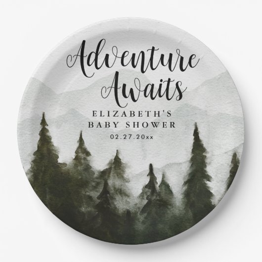 Adventure erwartet Misty Mountains Baby Shower Pappteller (Vorderseite)