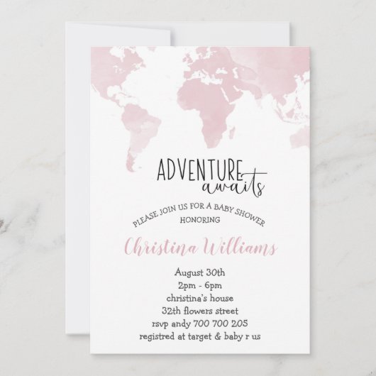 Adventure erwartet Pink World Map Girl Baby Shower Einladung (Vorderseite)