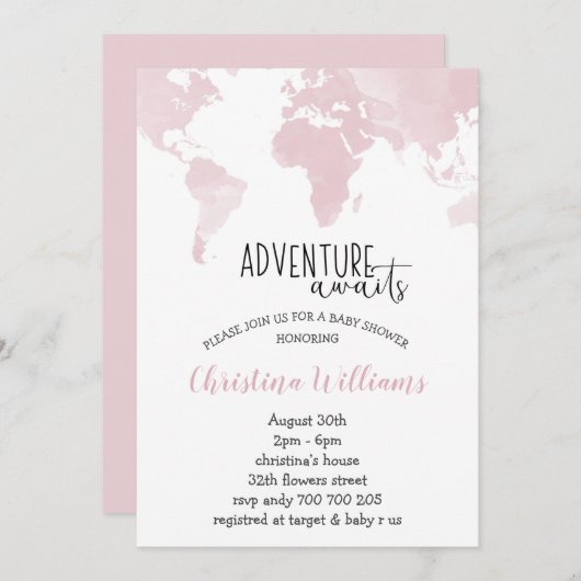 Adventure erwartet Pink World Map Girl Baby Shower Einladung (Vorne/Hinten)