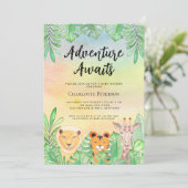 Adventure erwartet Safari Animals Baby Shower Einladung (Stehend Vorderseite)