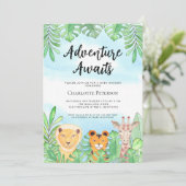 Adventure erwartet Safari Animals Baby Shower Einladung (Stehend Vorderseite)